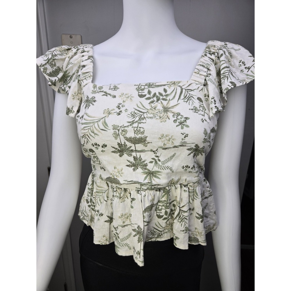 Mi Ami open Tie Back Milkmade Crop Summer Linen Blend Ruffle Sleeve Top Size‎ m
